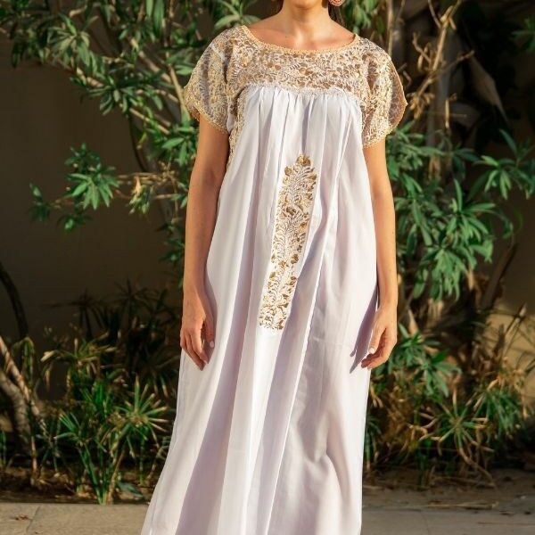 White Antonino Dress with Golden Embroidery