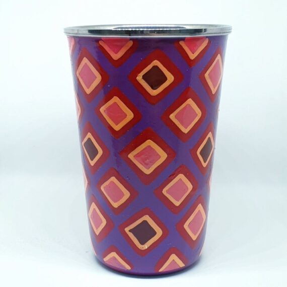 Handpainted stainless steel cup- Purple Squares