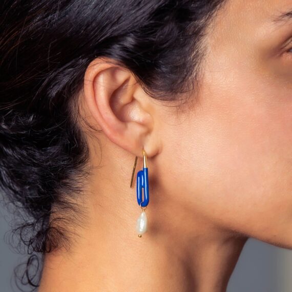 Blue Paperclip Earrings with Pearl Drop