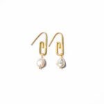 Gold Paperclip Earrings with Pearl Drop