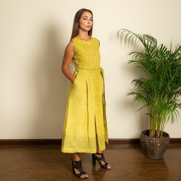 Yellow Pleated Maxi Dress with Waistbelt Side