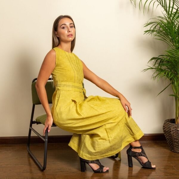 Yellow Pleated Maxi Dress with Waistbelt