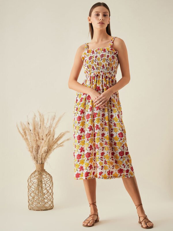 Multicolor Smocked Midi Dress