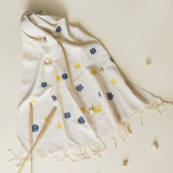 Blue and Yellow Motifs Silk Scarf