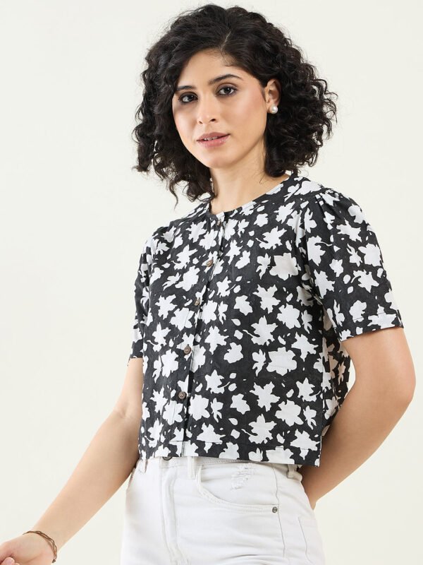 Black Floral Crop Shirt