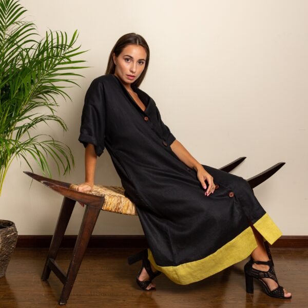 Black & Yellow Midaxi Shirt Dress Front with pockets Escale