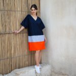 Navy and Orange V-Neck Dress