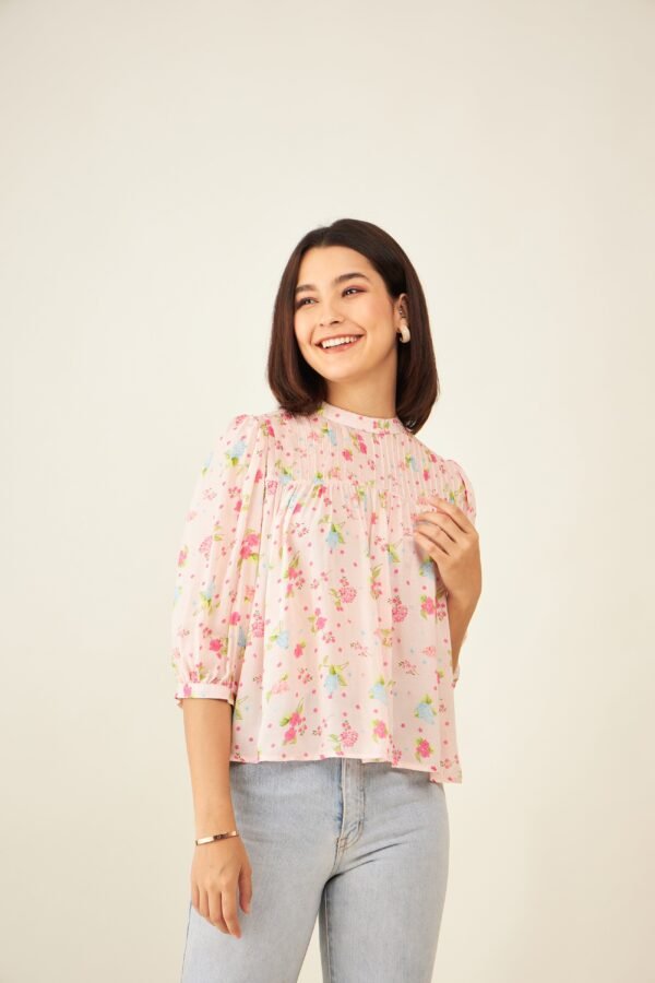 Pink Floral Pintucks Top